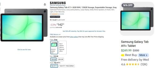 Samsung Galaxy Tab A11+ for $142 on Amazon deal at Amazon