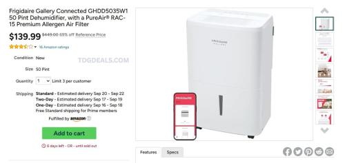 Frigidaire 50 Pint Smart Dehumidifier $139.99 deal at Woot