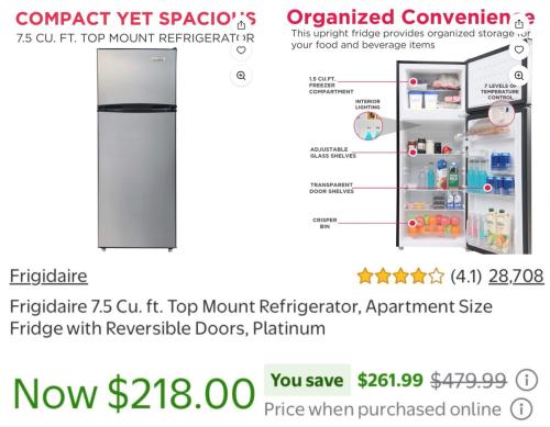 Apartment Size Fridge for $218 at Walmart deal at Walmart