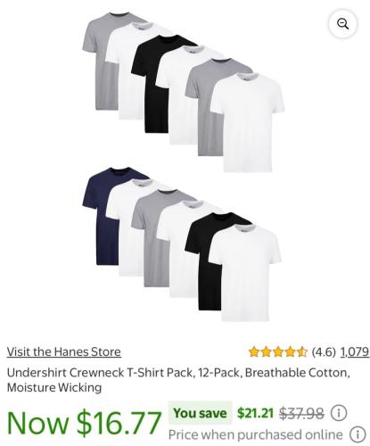 Walmart 12-Pack T-Shirts for $16 (~$1.33 Each) deal at Walmart