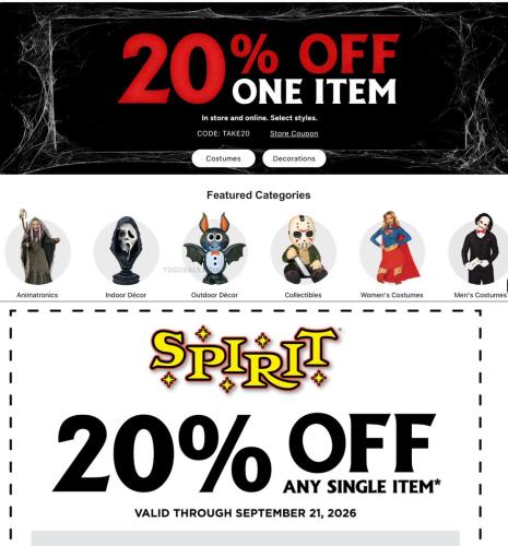 20% Off One Item at Spirit Halloween deal at Spirit Halloween