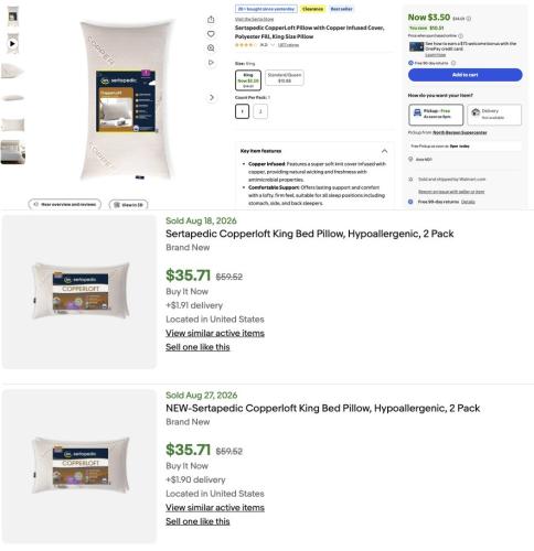 Sertapedic Copperloft King Pillow for $3