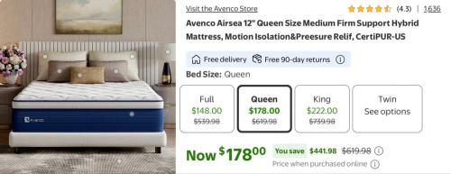 Avenco Hybrid Queen Mattress for $178