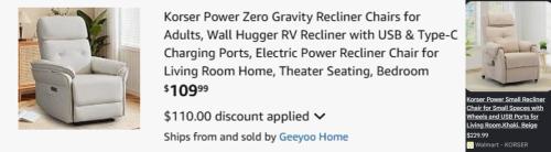 Power Recliner Chair for $110 at Amazon deal at Amazon