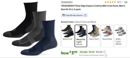 3 Pairs TrueEnergy Socks for $3 at Walmart deal at Walmart