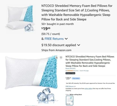 Memory Foam Pillows: 2 for $20 at Amazon deal at Amazon