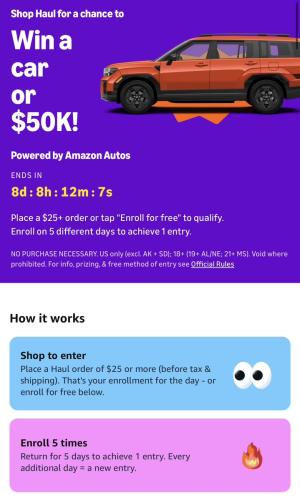 Win a Car or $50K from Amazon deal at Amazon
