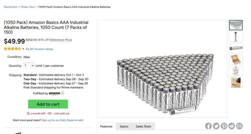 1050 Amazon Basics AAA Batteries for $49.99 deal at Woot