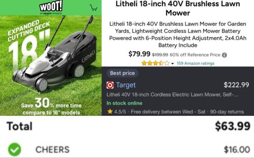 Litheli 18" Cordless Lawn Mower for $63 deal at Woot