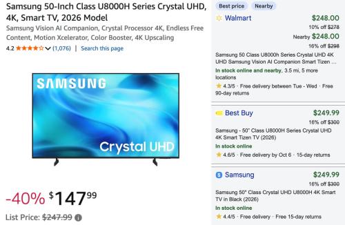 Samsung 50-Inch 4K TV Drops to $148 deal at Amazon