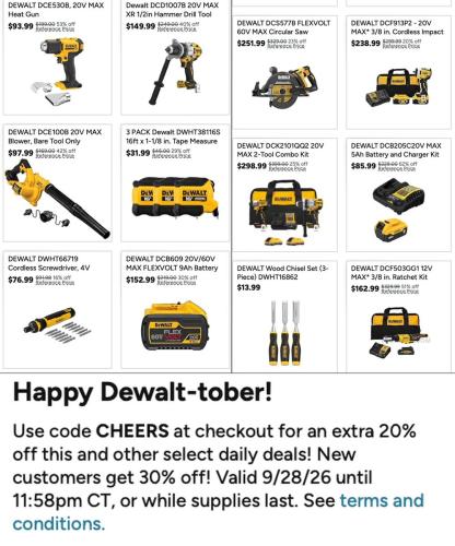 DeWalt Tools Extra 20% Off with CHEERS deal at Woot
