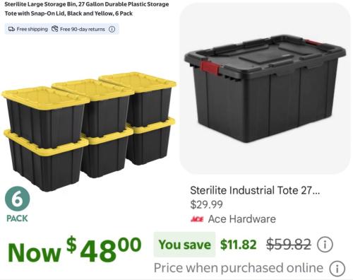 6-Pack 27-Gallon Storage Crates for $48 deal at Walmart