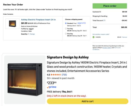 Ashley's Electric Fireplace for $65 deal at Amazon