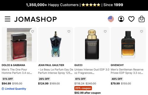 Designer Fragrances Up to 95% Off deal at Jomashop