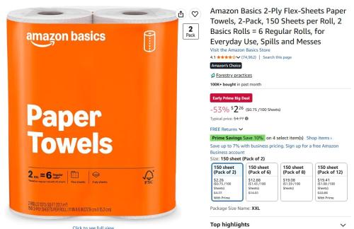 2-Pack Paper Towels for $2 deal at Amazon