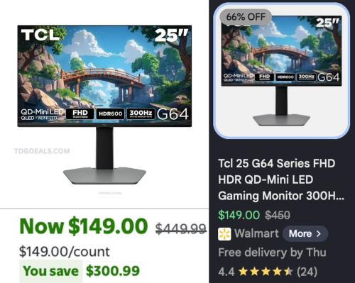 TCL 25" Mini-LED 300Hz Gaming Monitor $149 deal at Walmart