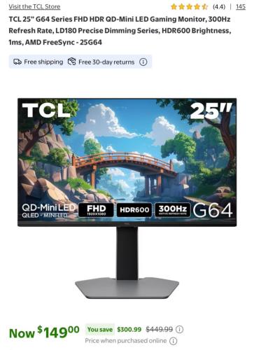 TCL QLED 300Hz Gaming Monitor Drops to $149 deal at Walmart
