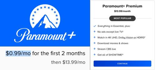 Paramount+ Premium $0.99/mo for 2 Months deal at Paramount+