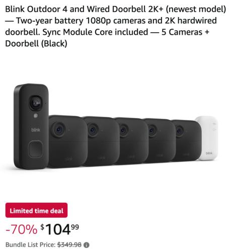 Blink 5 Cameras + Doorbell Bundle Now $105 deal at Amazon