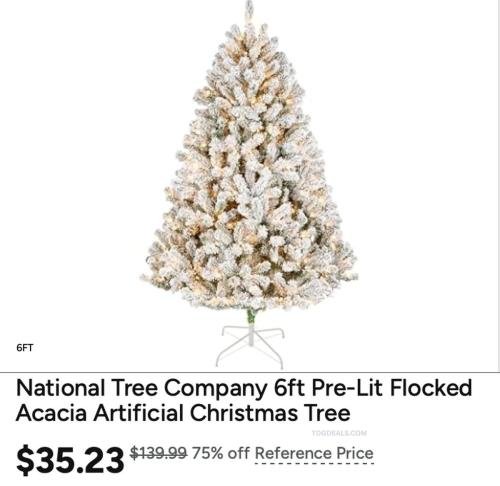 National Tree 6FT Pre-Lit Flocked Tree 75% Off deal at Woot