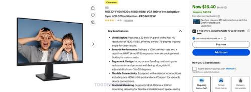 MSI 22" Monitor $16.40 at Walmart (80% Off) deal at Walmart