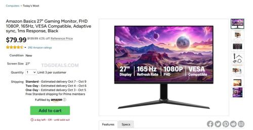 Amazon Basics 27" Gaming Monitor - 43% Off deal at Woot