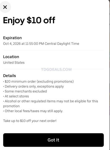 $10 Off $20+ Uber Eats deal at Uber Eats