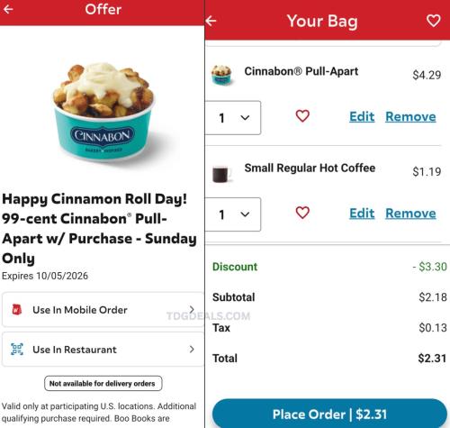 Cinnabon Pull-Aparts for 99¢ at Wendy's deal at Wendy's