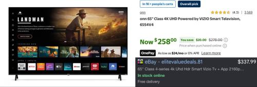 65" 4K Vizio TV for $258 at Walmart deal at Walmart