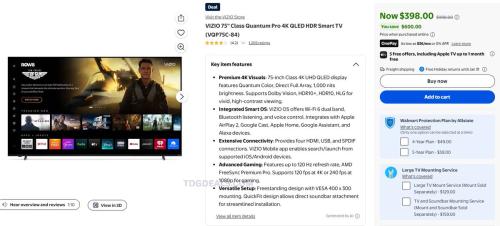 VIZIO 75" Quantum Pro 4K QLED TV - $398 at Walmart deal at Walmart