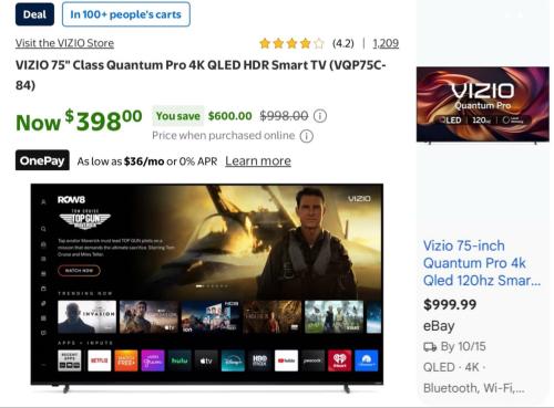 VIZIO 75" QLED TV Drops to $398 at Walmart deal at Walmart