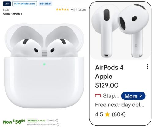 Apple AirPods 4 at $56 Open Box at Walmart deal at Walmart
