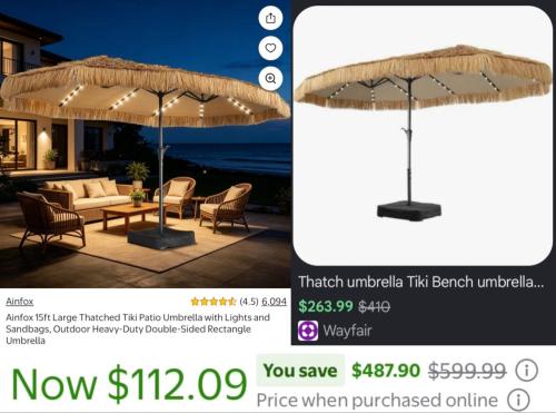 15FT Tiki Umbrella for $112