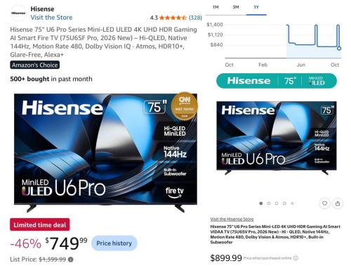 75" 4K Hisense TV for $750 deal at Amazon