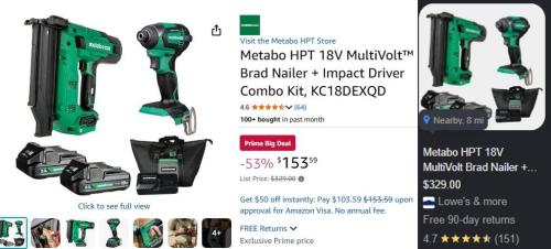 Metabo HPT 18V Brad Nailer + Impact Driver Kit $154