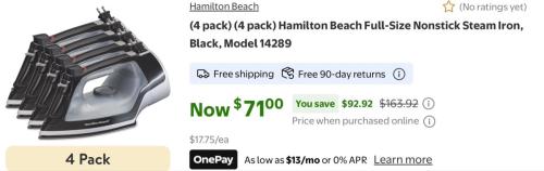 Hamilton Beach Irons 4-Pack $71 at Walmart deal at Walmart