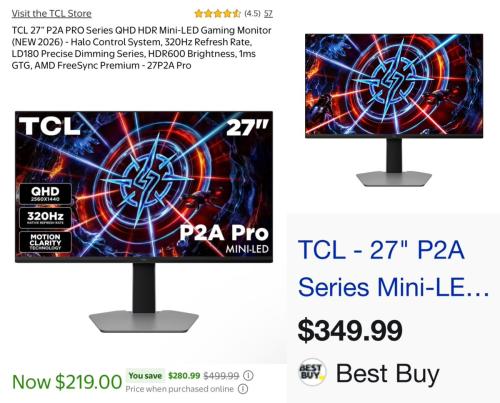$280 Off TCL 320Hz Gaming Monitor