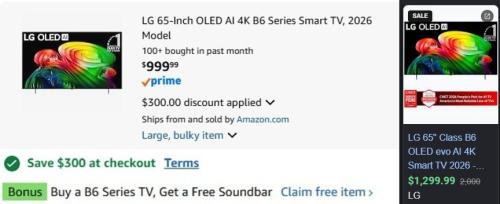 LG 65" OLED TV $999 + Free Soundbar ($300 Off)