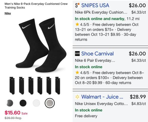 6-Pack Nike Socks Dropped to $15 deal at Kohl's