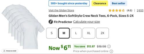 Walmart 6-Pack White Tees for $6 deal at Walmart