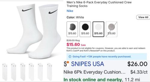 6 Pairs of Nike Socks for $15 at Kohl's deal at Kohl's