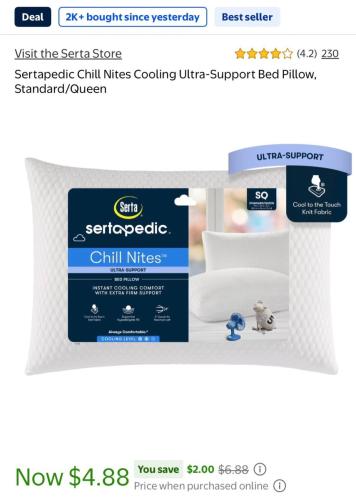 Serta Ultra Cooling Pillows for $4 at Walmart deal at Walmart