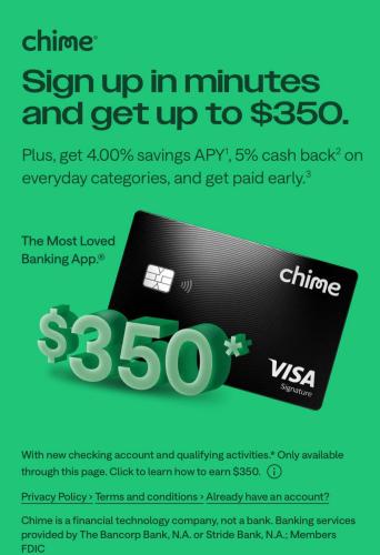 Earn Up to $350 Free from Chime deal at Chime