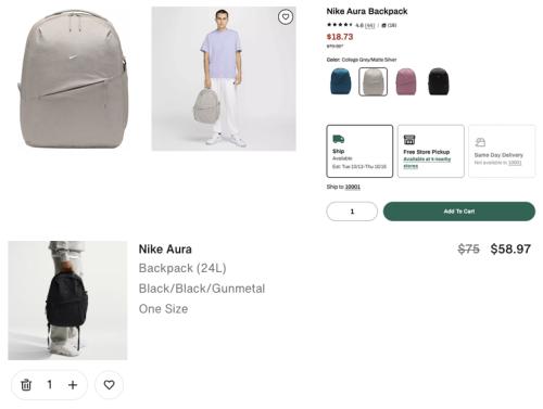 Nike Aura Backpack for $19