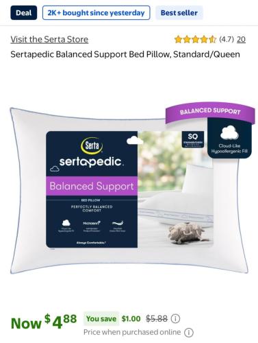 $4 Serta Bed Pillows at Walmart deal at Walmart