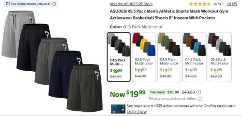 Walmart 5-Pack Mesh Gym Shorts for $20 deal at Walmart