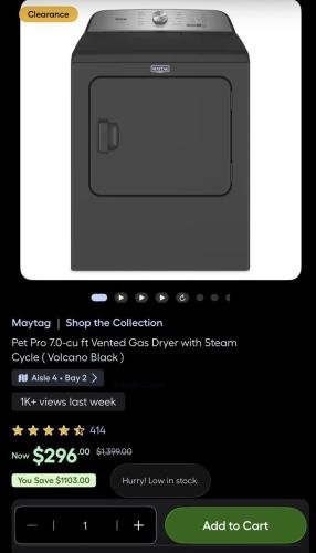 Maytag Pet Pro Gas Dryer for $296 at Lowe's deal at Lowe's