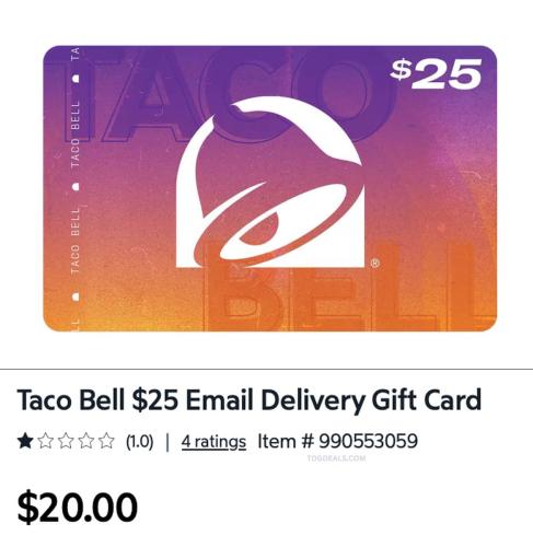 $25 Taco Bell Gift Card Now $20 at Sam's Club deal at Sam's Club