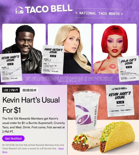 Kevin Hart Taco Bell Order for $1 deal at Taco Bell