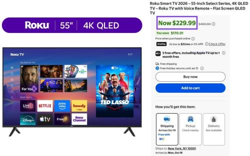 Roku 55" 4K QLED TV for $229.99 deal at Walmart